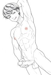 1boy 1male ai_generated bara big_penis bottom_pov civitai enticing gay gay_male illustrious_(stable_diffusion) implied_sex male male_focus male_only male_prey nude queer stable_diffusion sweat sweating tied_up tokyo_revengers yaoi black_and_white showing_off jerking jerkingoff one_arm_up arms_behind_head smirking_at_viewer smirking smirk tongue_out mitsuya_takashi takashi_mitsuya