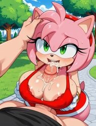 amy_rose big_breasts furry_female female_focus sonic_(series) sonic_the_hedgehog_(series) human_on_anthro 1girls 1boy ai_generated ai_assisted cum_in_pussy big_ass big_penis paizuri standing_paizuri shortstack petting_head cum_in_ass cum_on_breasts outdoors outdoor_sex public_sex