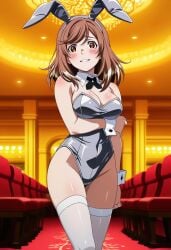 1girls ai_generated blush brown_eyes brown_hair bunny_ears bunny_tail bunnysuit grey_leotard hair_between_eyes leotard medium_breasts multicolored_hair pale-skinned_female pale_skin shiron_byacornise tatakau_shisho the_book_of_bantorra thighhighs thighs white_thighhighs