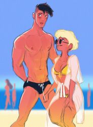 speakeasy-art cozy_(speakeasy) lex_(speakeasy) 1boy male tagme 1girls female beach speedo bikini swimsuit breasts