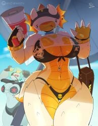 commissar-chan_(arzyparzy) hunter-chan_(arzyparzy) terminid automaton_(helldivers) arzyparzy helldivers helldivers_2 female bikini megaphone wide_hips robot_girl insect_girl alien_girl