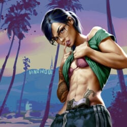 karsten_schreurs gta_online_female_character grand_theft_auto_online grand_theft_auto text tomboy dolphin_tattoo navel_tattoo navel abs sweat_pants pink_bikini_top cleavage large_breasts shirt_lift black_hair_female long_hair_female brown_eyes glasses teasing_viewer holstered_weapon pistol bare_shoulders arm_tattoo lowres low_resolution