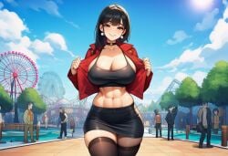 tyrisai ai_generated gwen_(trogiai) big_breasts large_breasts long_hair black_hair black_eyes looking_at_viewer solo solo_female female 1girls female_only female_focus clothing clothed thick_thighs color hi_res light_skin light-skinned_female bare_thighs abs pearl pearl_earrings earrings jacket jacket_open skirt standing
