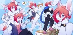 absurd_res anthro blue_eyes blush bottomless bottomwear clothed clothing coff colored condom_wrapper crossdressing crossdressing_(mtf) crossdressing_male digital_drawing_(artwork) digital_media_(artwork) erection eyebrows gay genitals hair half_naked happy heart_symbol hi_res holding_object homosexual homosexual_male humanoid_genitalia humanoid_penis lagomorph leporid looking_at_viewer male male_focus male_only mammal multiple_poses open_clothing open_topwear pants paws penis pink_clothing pink_nose pink_shirt pink_topwear pose rabbit red_eyebrows red_hair shaded shirt short_hair smile solo tail topwear white_body