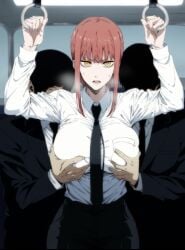 ai_generated gratefhosp makima_(chainsaw_man) chainsaw_man big_breasts groping_breasts groping_from_behind grope grabbing_breasts 2males tie molestation molestation_in_public molesting molested public_indecency public_humiliation red_hair_female red_hair sole_female train_interior public_transportation