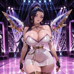 1girl ai_generated bare_shoulders black_hair breasts cleavage covered_navel cowboy_shot curvy detached_sleeves dress earrings female female_only fingerless_gloves gloves halter_dress halterneck huge_breasts idol jewelry k/da_all_out_kai'sa k/da_all_out_series kai'sa league_of_legends lights lipstick long_hair looking_at_viewer makeup multicolored_hair parted_lips ponytail purple_eyes purple_eyeshadow purple_hair purple_lips shiny_clothes short_dress skin_tight solo spotlight stage stage_lights thick_thighs thighhighs thighs tight_clothes tight_dress trinity_vermilion white_dress wide_hips wings