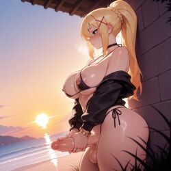 1futa ai_generated bangs bikini black_bikini blonde_hair blue_eyes blush bracelet braid breasts choker clauss closed_mouth darkness_(konosuba) erection from_side futa_only futanari hair_ornament jacket jewelry kono_subarashii_sekai_ni_shukufuku_wo! large_breasts large_penis light-skinned_futa long_hair long_sleeves masturbation micro_bikini nipple_piercing nipples ocean outdoors penis piercing ponytail ring side-tie_bikini_bottom sky solo sun sunset swimsuit testicles uncensored water x_hair_ornament