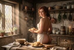 cirilovve ai_generated cd_projekt_red the_witcher_(series) the_witcher_3:_wild_hunt triss_merigold red_hair mascara freckles smiling female light_skin light-skinned_female solo solo_female 1girls looking_at_viewer looking_back back_view apron apron_only nude ass bubble_butt kitchen cooking waifu