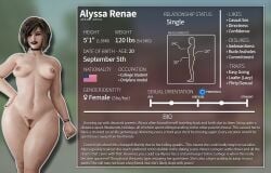 1girls 3d 3d_(artwork) american american_flag belly_button_piercing bio biography black_lipstick brown_hair character_sheet chocker curvaceous curvy curvy_figure curvy_thighs dark_hair dinoboy555 dislikes female female_focus female_only hand_on_hip height likes looking_at_viewer measurements multiple_piercings nipple_piercing nude nude_female original original_character painted_nails perky_breasts smile solo standing supple_breasts tagme text three_sizes undertagged wristband