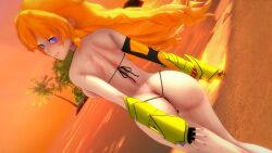 rwby logang45 yang_xiao_long 1girls solo_female half-dressed half_naked half_naked_female ass ass_focus robotic_arm ember_celica beach ocean sunset blonde_hair blonde_female long_hair long_hair_female