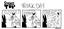 2boys male/male male_only male muscular anthro furry rabbit standing looking_at_another back_view looking_back presenting_butt butt teasing gay comic dialogue english_text text spedumon shark