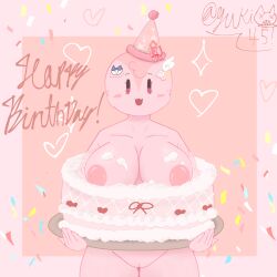 birthday birthday_cake birthday_hat breasts cake confetti food holding_object holding_plate motion_lines nipples nude_female object_show_community object_shows osc party_hat pink_background pink_ball_(artist) pink_body pink_nipples pussy simple_background thick_thighs whipped_cream whipped_cream_on_breasts yuki!_(artist) yukimeow45