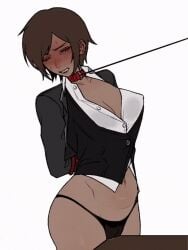artist_request black_panties bound_wrists cameltoe collar limbus_company outis_(limbus_company) outis_(project_moon) panties project_moon pussy_juice table table_humping
