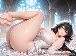 1girl ai_generated big_breasts black_hair bride chifuyu_orimura female huge_breasts infinite_stratos mature_female orimura_chifuyu revoaru thick_thighs thighs