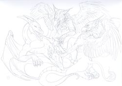 2009 avian black_and_white dark_natasha dragon feral furry furry_only gay gryphon male monochrome no_humans scalie threesome wings