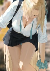 1girl absurdres artist_logo asuna_(blue_archive) backpack bag bent_over black_skirt blonde_hair blue_archive blue_eyes blurry blurry_background breasts cleavage hair_over_one_eye highres logo long_hair looking_down midfinger mole mole_on_breast ribbon school_uniform scrunchie shirt skirt solo untied_ribbon very_long_hair white_shirt wrist_scrunchie