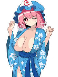 1girl alternate_costume blue_hat blue_kimono blush breasts breath cleavage commentary_request floral_print floral_print_kimono groin harakune_(mugennero) hat highres japanese_clothes kimono large_breasts long_sleeves looking_at_viewer medium_hair mob_cap no_panties one_eye_closed pink_eyes pink_hair print_kimono saigyouji_yuyuko simple_background solo sweat touhou triangular_headpiece white_background wide_sleeves