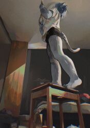 anthro bed bedroom blue_body bottomwear censored censored_face clothing domestic_cat felid feline felis furniture hair hi_res imminent_death imminent_suicide low-angle_view male mammal mosaic_censorship noose otoufudayo111 raised_head shirt shorts solo standing stool t-shirt topwear