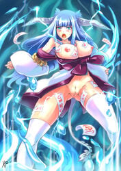 blue_eyes blue_hair blush breasts breasts_out electricity female hm_(hmongt) horns long_hair monster_girl nipples original pussy solo sweat tail talisman thighhighs uncensored