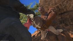 3d canine_penis cuntboy final_fantasy_xiv hrothgar leaking_cum male_only miqo'te threesome