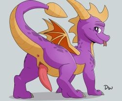 2026 activision animal_genitalia anus artist_logo blep claws closed_smile darkwolf79 digital_drawing_(artwork) digital_media_(artwork) dragon erection feral forked_tongue genital_slit genitals glistening glistening_eyes grey_background hi_res horn logo looking_at_viewer looking_back looking_back_at_viewer male male_feral membrane_(anatomy) membranous_wings monotone_wings mouth_closed multicolored_body multicolored_scales mythological_creature mythological_scalie mythology orange_body orange_horn orange_scales orange_tail orange_wings paws penis pink_anus pink_penis purple_body purple_eyes purple_scales purple_tail quadruped raised_tail scales scalie simple_background smile smiling_at_viewer solo spyro spyro_the_dragon tail tapering_penis tapering_tail tongue tongue_out two_tone_body two_tone_scales wings