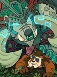 4_claws 4_fingers absurd_res accessory animal_genitalia animal_penis anthro armor balls bear blizzard_entertainment blue_bottomwear blue_clothing blue_pants blush bodily_fluids bottomwear broken_glass brown_body brown_fur claws clock clothed clothing curly_hair dripping duo ear_piercing ear_ring facial_hair facial_markings feral feral_on_top fingers flower forest forest_background fur gem genital_fluids genitals glass glowing glowing_eyes goatee green_eyes green_gem hair hair_accessory hair_tie head_markings headdress headgear helmet hi_res humanoid_hands jade_(gem) jewelry leaf long_hair lying magic male male/male male_feral mammal markings on_front on_ground orange_body orange_fur overweight overweight_male pandaren pants paws penis piercing plant precum precum_drip quasarbearcat ring_piercing scar size_difference smile sunglass tan_body tan_fur teeth tied_beard tied_hair topless tree tusks ursine_penis warcraft watch white_body white_fur wristwatch