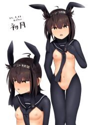 1girl absurdres ahoge alternate_costume anchor_print animal_ear_hairband animal_ears black_bodysuit black_hairband black_hiphighs black_necktie black_ribbon black_sailor_collar blush bodysuit breasts brown_eyes censored commentary_request dated detached_collar fake_animal_ears feet_out_of_frame full-face_blush hair_between_eyes hair_ribbon hairband haruno_plum hatsuzuki_(kancolle) heart heart_censor highres hiphighs kantai_collection looking_at_viewer medium_hair multiple_views navel necktie nipples open_mouth pussy rabbit_ear_hairband rabbit_ears reverse_bunnysuit reverse_outfit ribbon sailor_collar sidelocks signature simple_background small_breasts standing stomach sweat white_background