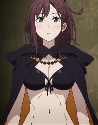 screenshot_edit re:zero_kara_hajimeru_isekai_seikatsu shaula_(re:zero) official_art ai_enhanced upper_body 1girls breasts big_breasts bra black_bra coat orange_coat black_coat green_eyes red_pupils brown_hair long_hair tied_hair tuft beautiful beautiful_girl beautiful_female anime_girl pale_skin pale-skinned_female pale-skin pale pale_skinned_female red_cheeks blush soft_blush serious perfect_belly belly belly_button belly_outline belly_fetish belly_cutout navel navel_cutout navel_line navel_fetish navel_outline tummy midriff midriff_showing midriff_focus midriff_cutout midriff_exposed perfect_body cum_tribute_material slender_waist slender_body slender slender_build slim_waist slim_female slim_girl slim_body slim_figure slim_torso waist hourglass_figure hourglass_figured_female chest