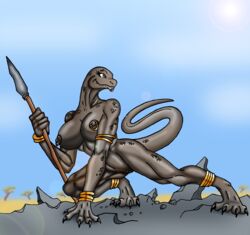 anthro big_breasts breasts desert dinosaur female jewelry lordstevie mountain nude plump_labia polearm primative pussy reptile scalie solo spear tail tribal