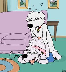 alcohol bent_over blush brian_griffin canine cum cum_on_back drunk family_guy from_behind frottage furry glass incest jasper_(family_guy) male male_only martini nanimoose penis piercing rug sofa white_fur