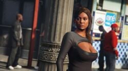 3d 3d_(artwork) 3dcg beautiful_woman belt brown_eyes brown_hair_female cleavage collarbone dark-skinned_female earrings edited_screencap expressionless game_cg grand_theft_auto grand_theft_auto_online grand_theft_auto_v gta_prostitute huge_breasts long_hair_female low_res low_resolution lowres mature_woman prostitute prostitution remyras rockstar_editor standing unbothered uncaring_female unnamed_characters
