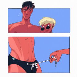 speakeasy-art cozy_(speakeasy) lex_(speakeasy) 1boy male tagme 1girls female beach speedo bikini swimsuit close-up