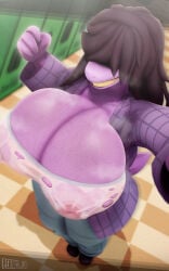 4_fingers anthro big_breasts bodily_fluids both_eyes_obstructed breasts checkered checkered_floor clothing deltarune erect_nipples female fingers first_person_view fist hair hair_over_eyes huge_breasts locker looking_at_viewer musk musk_cloud musky_breasts nipples pattern_clothing pattern_shirt pattern_topwear perros_god plaid plaid_clothing plaid_shirt plaid_topwear sharp_teeth shirt solo susie_(deltarune) sweat sweaty_breasts teeth topwear torn_clothing translucent translucent_clothing translucent_topwear undertale_(series)