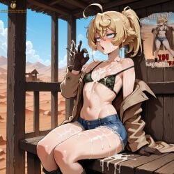 ai_generated tagme twistedpeach youjo_senki tanya_degurechaff fallout ncr_ranger_(fallout) trenchcoat bikini_top jean_shorts denim_shorts daisy_dukes ripped_shorts cum cum_on_breasts cum_on_face inviting_to_sex fellatio_gesture open_mouth tongue_out drooling cum_on_fingers cum_on_hand cum_on_thighs nipple_slip off_shoulder tired after_fellatio after_blowjob after_bukkake poster recruitment_poster posing public public_nudity public_use smaller_female small_breasts flat_chest camouflage camouflage_bikini camo_print gloves boots blue_hair blonde_female ponytail crossover