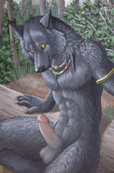 1boy 2010 anthro balls canine collar forest furry looking_at_viewer male male_only myenia necklace nude outdoors penis solo tree tribal wolf yellow_eyes