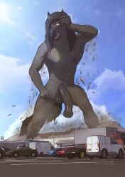 absurd_res animal_genitalia animal_penis anthro athletic athletic_anthro athletic_male balls big_balls big_penis black_balls black_penis body_size_growth building building_destruction car cloud dasoka debris destroyed_building destruction digital_media_(artwork) dust_cloud equid equine equine_genitalia erection explosion fan_character fur genitals glans glistening grey_body grey_fur growth growth_lines hair hi_res horse huge_filesize lens_flare long_hair long_penis long_tail looking_up macro macro_anthro macro_focus macro_male male male/male mammal muscular nipples nude open_mouth parking_lot penis public public_exposure public_nudity size_transformation sky smoke solo standing standing_on_building tail text transformation truck vehicle warehouse watermark workplace