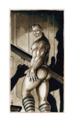 1boy ass bara benoit_prevot big_ass gay jockstrap male male_only monochrome muscular nipples original shadow socks solo traditional_media