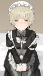 1boy apron apron_pull blonde_hair blunt_bangs blurry blurry_background blush bow bowtie bulge closed_mouth clothes_pull collared_dress commentary covered_nipples crossdressing crossdressing_(mtf) crossdressing_male cum cum_on_body cum_on_clothes cum_on_hair cum_on_male dot_nose dress erection erection_under_clothes facial feet_out_of_frame frilled_apron frilled_hat frills half-closed_eyes hat juliet_sleeves long_sleeves looking_at_viewer maid maid_apron male_focus male_maid mob_cap on_bed original own_hands_together puffy_sleeves see-through_clothes see-through_dress short_hair sitting solo sunaba_(nczd5875) thighhighs untranslatable_commentary white_apron white_bow white_bowtie white_hat white_thighhighs yellow_eyes