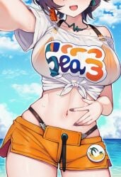 ai_generated belle_(summer_skies)_(zenless_zone_zero) belle_(zenless_zone_zero) belly belly_button big_breasts blue_hair exposed_midriff exposed_torso midriff navel navel_fetish navel_spread swimsuit unajyu waist zenless_zone_zero