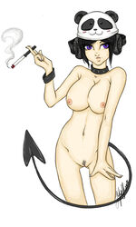 black_eyes breasts female female_only front_view gaia_online lynxia nipples pale_skin panda_hat purple_eyes pussy smoking solo standing tagme