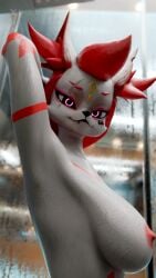2026 3d_(artwork) absurd_res anthro areola armpit_fetish armpit_focus armpit_showing bathing big_breasts black_nose blender_(artwork) blender_cycles_(artwork) blurred_background bodily_fluids breasts canid canine curvy_figure digital_media_(artwork) epic_games female fortnite fox fur glass hair hi_res kimiko_(fortnite) kimiko_five-tails mammal mg_shiro pink_areola pink_body pink_fur pink_hair presenting_armpit raised_arm shower showering slim smile smiling_at_viewer solo sweat sweaty_body sweaty_breasts sweaty_face wet wet_body wet_fur wet_hair white_body white_fur