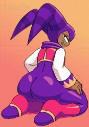 1boy ambiguous_gender artist_name ass bedroom_eyes big_ass big_butt black_eyes brown_body brown_skin butt clothed clothing dark-skinned_femboy dark-skinned_male dark-skinned_sissy dark-skinned_twink dark_skin demon demon_humanoid digital_media_(artwork) femboy footwear fully_clothed gradient_background grin half-closed_eyes hand_on_leg hat headgear headwear humanoid imp jester kneeling looking_at_viewer looking_back looking_back_at_viewer lucafio male narrowed_eyes nights nights_into_dreams not_furry pink_clothing presenting presenting_hindquarters purple_clothing rear_view seductive sega sharp_teeth simple_background skinsuit smile solo teeth thick_thighs thighs tight_clothing topwear white_clothing wide_hips