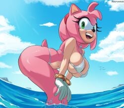 1girls :o absurd_res amy_rose amy_rose_(boom) anthro artist_name ass bent_over bikini bracelet bubble_butt clear_sky clouds from_side front_view gloves green_eyes hairband hands_on_knees happy highres huge_ass huge_breasts huge_hips looking_at_viewer navel necronnus ocean rings smile smiling solo sonic_(series) sonic_boom sonic_the_hedgehog_(series) standing swimsuit tail thong water waves wide_hips