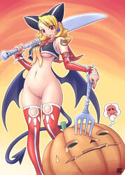 bat blonde_hair bottomless bracelet butter butter_knife clothed cosplay ear_piercing earring female fork giant hair human jewelry knife navel painted_nails piercing pumpkin pussy red_eyes skull solo spade_tail spikes stockings sweatdrop sword tail tattoo tear tongue underboob weapon wings