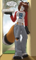 1boy anthro brown_hair bulge canine cox delivery domino's_pizza fox gideon hair hyper male male_only midriff penis pizza solo