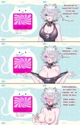 1girls aibyte alaplateada animal_ears areolae big_breasts blush breasts comic comic_page female female_focus gray_hair hypnosis latam_virtual_youtuber light-skinned_female light_skin nipples short_hair spanish spanish_dialogue spanish_text streaming taiga_shikikan tail virtual_youtuber vtuber