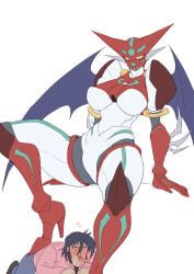 1girls breasts dominant_female getter_robo getter_robo_armageddon green_eyes high_heels jin_hayato leaking mecha robot_girl shin_getter-1 submissive_male thick_thighs thirty_8ght white_body wings
