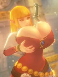 10_seconds 3d animated blonde_hair bracelet breasts breasts_bigger_than_head breasts_focus cleavage dress elf elf_ears glowing_sword holding_own_breasts huge_breasts long_hair no_sound nurico paizuri pointy_ears pressing_breasts_together princess_zelda simulated_paizuri smirk sword sword_between_breasts tagme the_legend_of_zelda video zelda_(skyward_sword)
