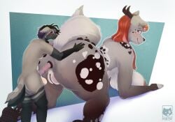 ahegao all_fours anal anal_penetration animal_print anthro anthro_on_anthro anus balls bent_over big_butt big_female black_and_white blush bodily_fluids bovid_horn bovine_horn breasts butt butt_expansion butt_focus canid canine canis cow_patterned cow_print deep_penetration doggystyle domestic_dog dominant dominant_female duo ear_tuft ears embarrassed expansion explicit female from_behind_(disambiguation) from_behind_position fur furry genitals hair hand_on_butt hand_on_hip heart-shaped_pupils heart_eyes heart_symbol hi_res horn horned_female huge_butt interspecies larger_female leg_wrap long_hair looking_at_another looking_at_partner looking_at_partner's_butt looking_back looking_pleasured male male/female mammal markings mirok moan monochrome mottled multicolored_hair nipples nude penetration penis piebald purple_hair red_hair sex short_hair shy_male size_difference size_play smaller_male spots spotted_body spotted_fur standing standing_sex submissive submissive_male sweat sweatdrop tail tail_motion tailwag tears thick_thighs tuft vulva wide_hips