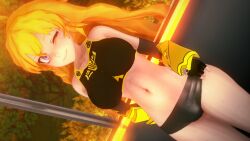 rwby logang45 yang_xiao_long 1girls solo_female gym_uniform gym_clothes blonde_hair blonde_female long_hair long_hair_female purple_eyes robotic_arm ember_celica winking
